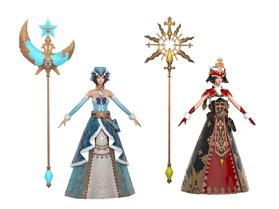 Game Movie Characters In Elegant Outfits With Ornate Magical Staffs 3d model