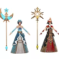 Game Movie Characters In Elegant Outfits With Ornate Magical Staffs