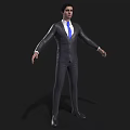 Man in Dark Suit With Blue Tie Standing on Black Background Arms Outstretched