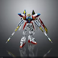 Detailed Colorful Mecha Robot Model Standing With Blue Yellow Red Wings And Swords On Reflective Surface