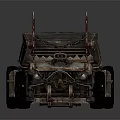 Modified Military Vehicle With Spiked Front Large Tires Rustic Metal Frame And Red Accents