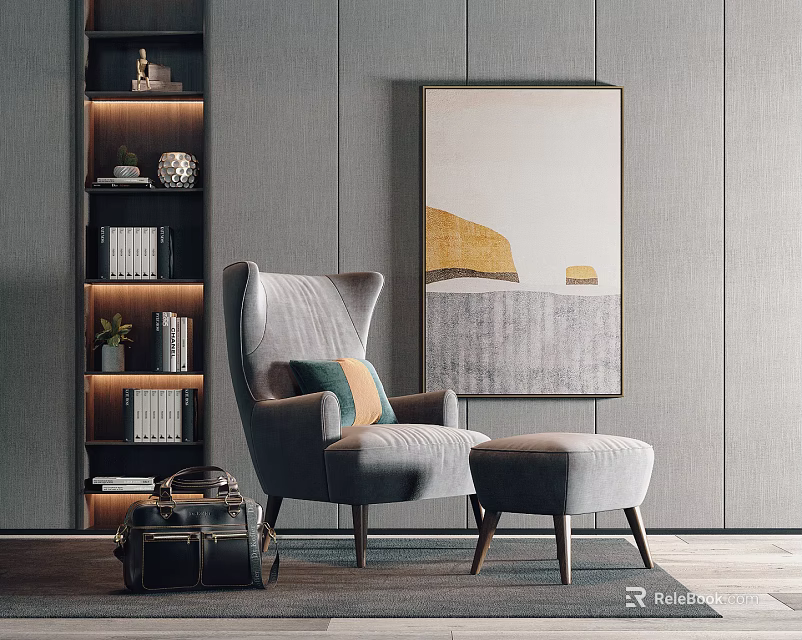 Gray Armchair With Ottoman In Living Space With Gray Wall Painting And Lit Shelving Unit 3d model 