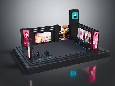 Modern Exhibition Booth With Black Design Multiple Screens Character Images Top Logo And Lighting 3d model