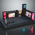 Modern Exhibition Booth With Black Design Multiple Screens Character Images Top Logo And Lighting
