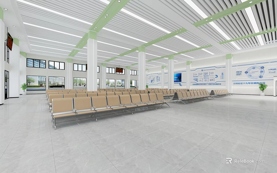 Spacious Bright Station Hall With Brown Seats White Pillars Green Ceiling Beams And Blue Signs 3d model 