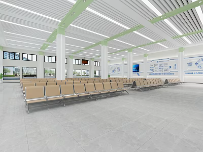 Spacious Bright Station Hall With Brown Seats White Pillars Green Ceiling Beams And Blue Signs 3d model
