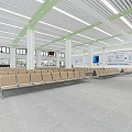 Spacious Bright Station Hall With Brown Seats White Pillars Green Ceiling Beams And Blue Signs