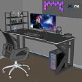 Modern Entertainment Desk With Gaming Screen RGB Lighting Computer Case Ergonomic Chair And Decorative Shelf