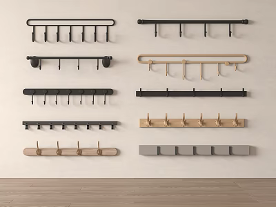 Various Wall Mounted Hooks In Black Wood And Gray Designs For Home 3d model