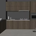 Modern Kitchen Interior With Dark Wood Cabinets White Countertop Stove Oven Range Hood And Fridge