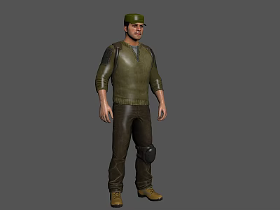 Man Wearing Green Cap Vest Brown Pants Knee Pads And Boots On Gray Background 3d model Man Wearing Green Cap Vest Brown Pants Knee Pads And Boots On Gray Background 3d model