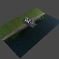 Camouflage Painted Yacht With Black Hull Orange Lifebuoy And Propeller Thruster