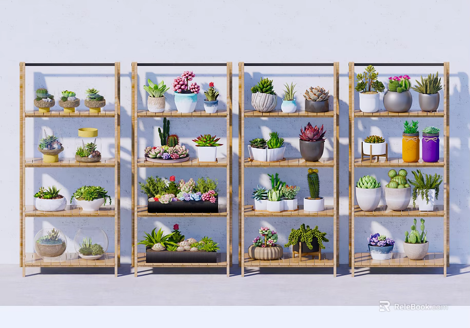 Assorted Bonsai and Potted Plants Display on Bamboo Shelves with Decorative Pots 3d model 