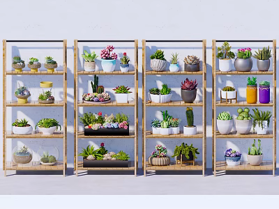 Assorted Bonsai and Potted Plants Display on Bamboo Shelves with Decorative Pots 3d model
