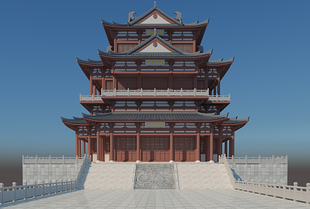 Chinese-style three-story antique attic 3d model