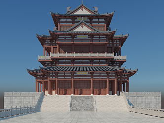 Chinese-style three-story antique attic 3d model