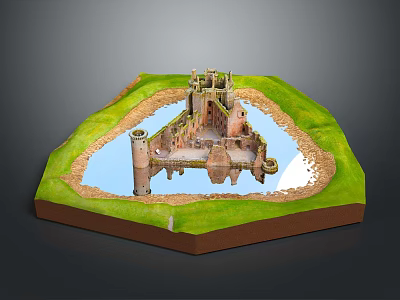 Cartoon Castle Model Scene With Green Grass Moat And Stone Towers 3d model