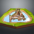 Cartoon Castle Model Scene With Green Grass Moat And Stone Towers
