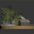 Cartoon Scene With Small Wooden House Red Roof Green Trees And Grassy Area