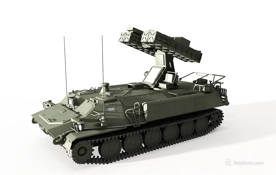 Military Green Combat Tracked Tank With Missile Launcher And Two Antennas Design 3d model 