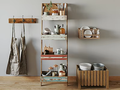 Rustic Kitchenware On Tiered Wooden Shelf With Plates Mugs Bottles And Aprons 3d model