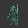 Blue Skinned Mythical Woman in Feathered Armor Holding Spear and Scimitar