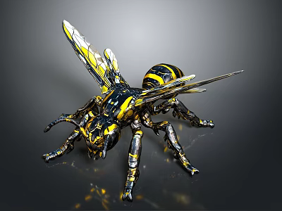 Realistic Mechanical Bee With Yellow Black Stripes And Metallic Wings Design 3d model
