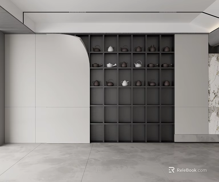 Elegant Modern Tea Cabinet Interior With Shelves And Tea Sets 3d model