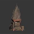 Rustic Wooden Crate With Wheels And Stick Filled Basket On Tripod Stand