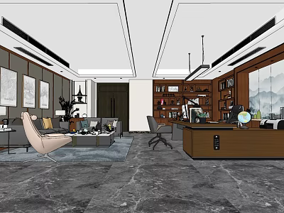 Office Interior Design With Wooden Desk Bookshelves Sofa Decorative Paintings And Hanging Lights 3d model