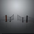 Outdoor Garden Furniture With Red Pillars And Metal Fence Design