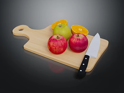 Fresh Red and Green Apples with Sliced Oranges on Wooden Cutting Board and Kitchen Knife 3d model