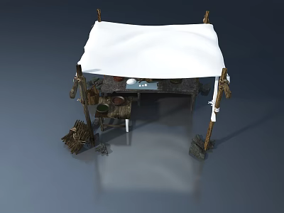 Rustic Landscape Sculpture With White Canopy Wooden Frame Stone Bases Clay Pots And Tools 3d model