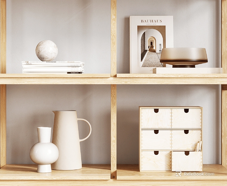 Decorative Ornaments Set On Wooden Shelves With White Sphere Books Bowl Vase And Drawer Cabinet 3d model 
