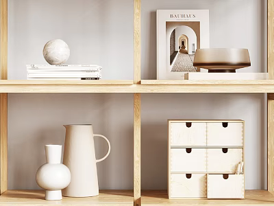 Decorative Ornaments Set On Wooden Shelves With White Sphere Books Bowl Vase And Drawer Cabinet 3d model