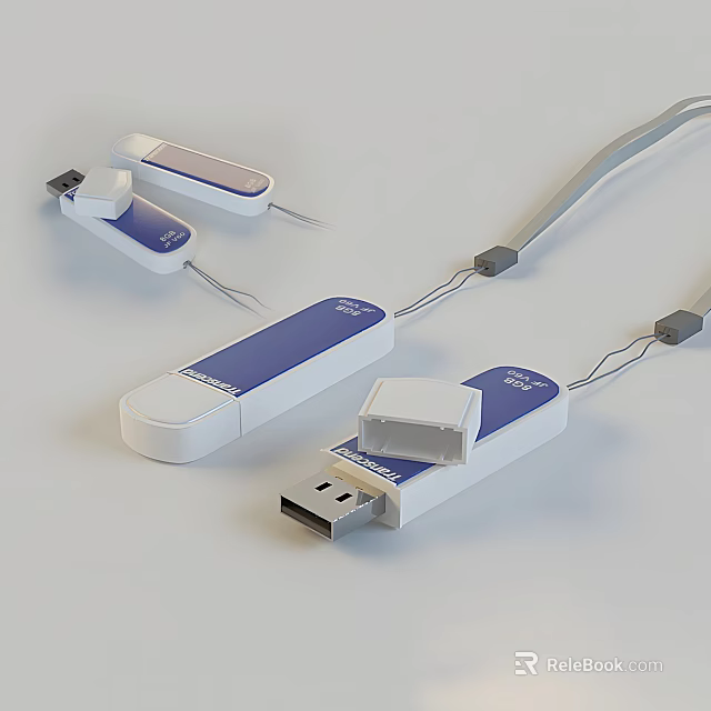 Daily Use Electrical USB Flash Drives With White Blue Design Lanyard And Open Closed Styles 3d model 