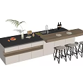 Modern Kitchen Bar Counter With Wooden Top Black Surface Stools Fresh Fruits And Green Plant