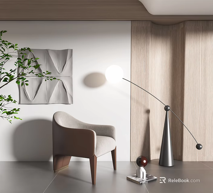 Modern Living Room Interior With Accent Chair Floor Lamp Decorative Wall Art And Potted Plant 3d model 