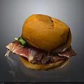 Juicy Burger With Golden Brioche Bun Crispy Bacon And Fresh Green Herbs On Black Background