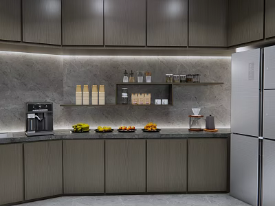 Modern Pantry With Dark Wood Cabinets Shelves Jars Marble Countertop Fruits Coffee Machine And Refrigerator 3d model