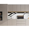 Modern Kitchen Interior With Wood Grain Cabinets Marble Countertop Ovens And Lighting