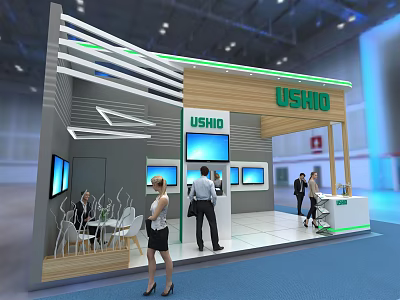 USHIO Exhibition Booth With Modern Design Multiple Blue Screens And People Interacting 3d model