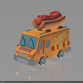 Orange Food Truck With Large Hot Dog on Top and Yellow Red Stripes