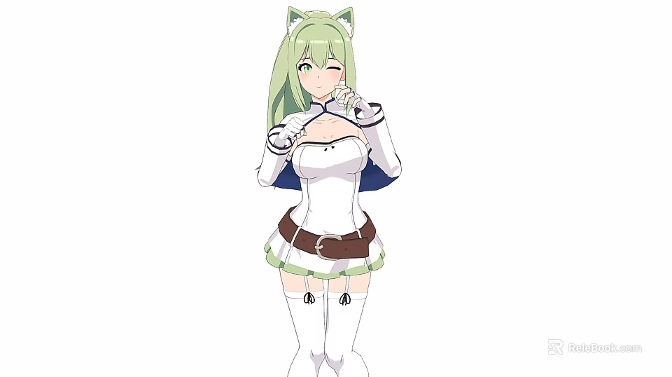 Woman With Green Hair And Cat Ears Wearing White Outfit Blue Accents And Brown Belt 3d model 