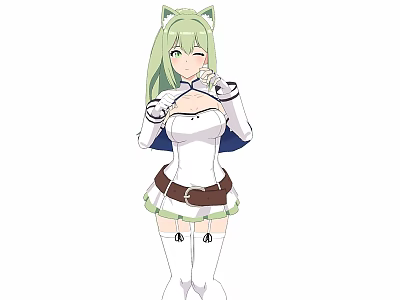 Woman With Green Hair And Cat Ears Wearing White Outfit Blue Accents And Brown Belt 3d model