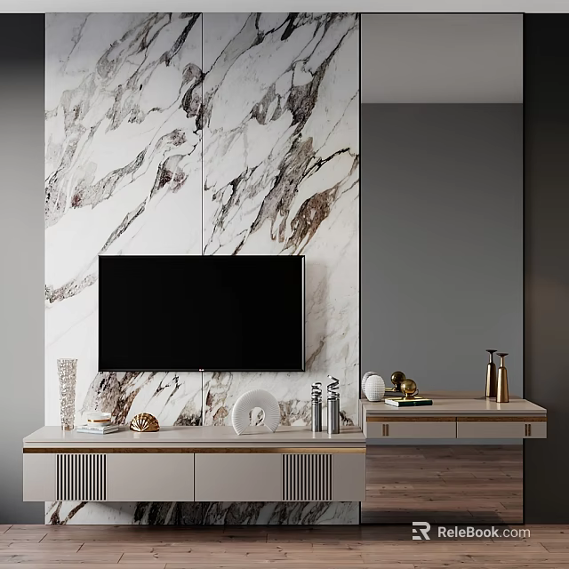 Contemporary TV Stand Design Featuring Wall-Mounted TV Marble Backdrop And Decor Items 3d model