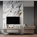 Contemporary TV Stand Design Featuring Wall-Mounted TV Marble Backdrop And Decor Items 3d model