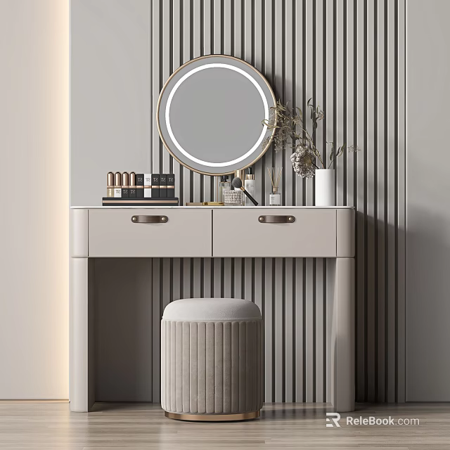 Light Gray Dressing Table with Round Gold Mirror Cosmetics and Ribbed Stool on Striped Wall 3d model