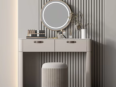 Light Gray Dressing Table with Round Gold Mirror Cosmetics and Ribbed Stool on Striped Wall 3d model