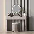 Light Gray Dressing Table with Round Gold Mirror Cosmetics and Ribbed Stool on Striped Wall 3d model